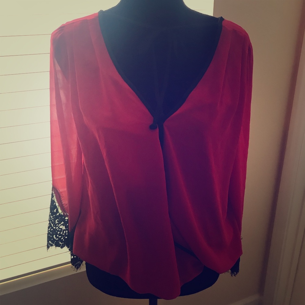 Red and black lace blouse